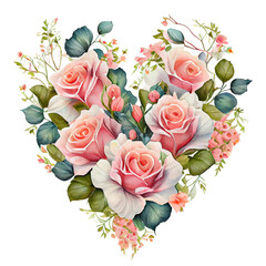 Watercolor heart shape bouquet on a transparent background