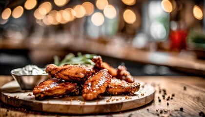 Copy Space image of Grilled chicken wings with sauces on a wooden board. Traditional baked bbq buffalo wing on bokeh background.