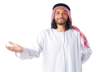 Arab saudi young man pointing to side isolated on a white background