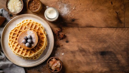Fototapeta na wymiar Copy Space image of Freshly made belgian waffles with honey flows and powdered sugar.