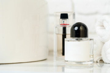 Perfume bottle in a modern bathroom close up