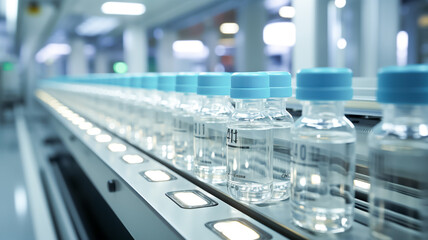 Vials of liquid medication in production line, pharmaceutical manufacturing. Medicine and vaccine concept.