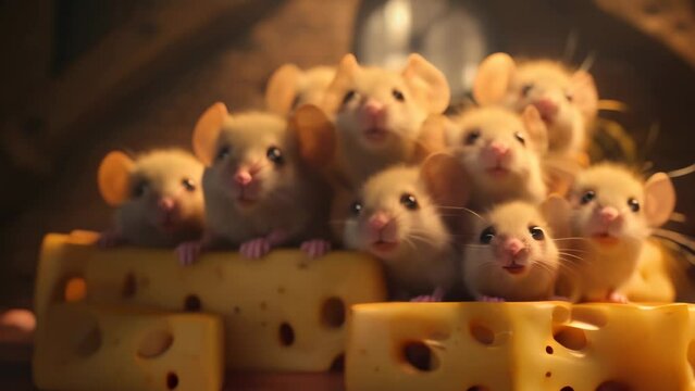 Cute mice sitting on a pile of cheese and looking into the camera zooming out animation