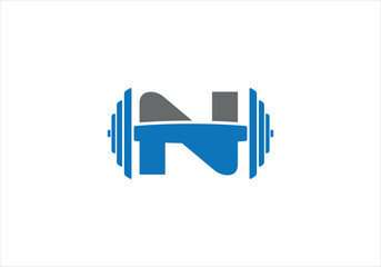 Fitness Gym Logo On Letter N. Fitness Club Icon With Exercising Equipment. Initial Alphabet Letter N GYM Logo Design Template.