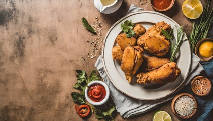 Copy Space image of crunchy Baked Chicken Tenders on a plate with tomato sauce, flat lay