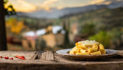 Copy Space image of Mac and cheese american macaroni pasta with cheesy Cheddar sauce with landscape...