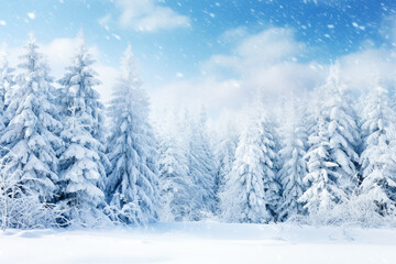 Obraz premium Winter background of snow and frost with landscape of forest. 
