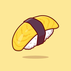 Tamago sushi egg food japanese vector illustration Set of Traditional Japanese food, Sushi Sake Nigiri and Tamagoyaki with Miso Soup and Wasabi Sauce with yellow background for poster banner food menu