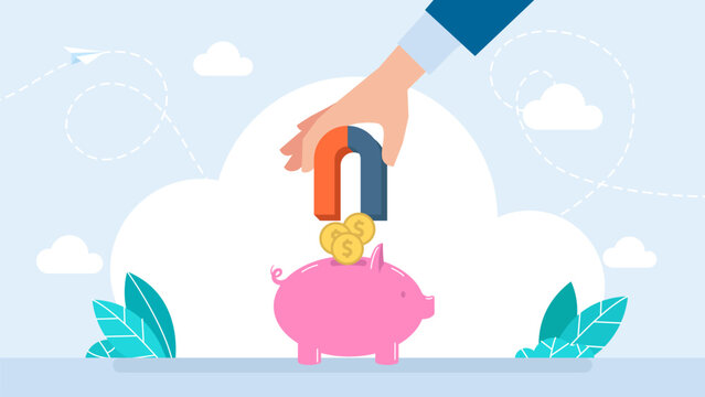 Businessman uses a magnet to suck money from a piggy bank. Monetary policy to control inflation, stimulating deposit to reduce money supply, financial measures concept. Vector flat illustration