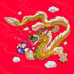 Golden Chinese dragon holding pearl. Beautiful fantasy illustration. Symbol of 2024 New Year. Vector creative art drawing.