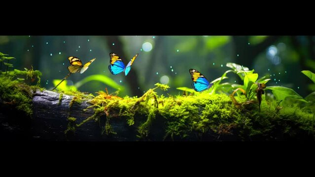 Schmetterlinge im Wald schweben &uuml;ber einen Baumstamm, der von sanftem Moos bedeckt ist.