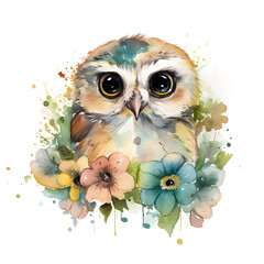 Obraz premium Cute cartoon watercolor owl with flowers on a transparent background