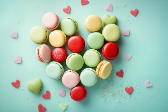 French Dessert Concept, Heart Shape Arrangement Of Colorful Pastel Macaron On Light Blue Background.