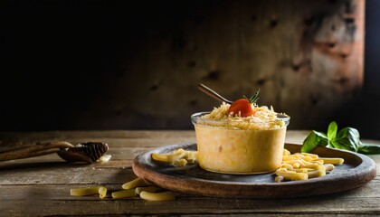 Copy Space image of Mac and cheese american macaroni pasta with cheesy Cheddar sauce with landscape...