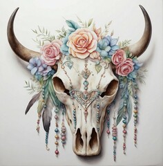 Floral cow skull, with flowers and feathers, wild west in pastel colors, bull skull