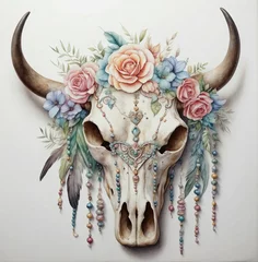 Afwasbaar Fotobehang Aquarel doodshoofd Floral cow skull, with flowers and feathers, wild west in pastel colors, bull skull