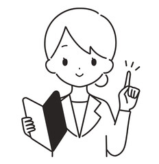 モノクロ｜初心者マークを持つスーツの女性｜指差し