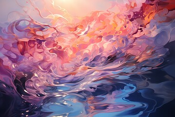 A serene pool of pastel liquid colors, gently rippling and reflecting soft light, creating a soothing and tranquil atmosphere