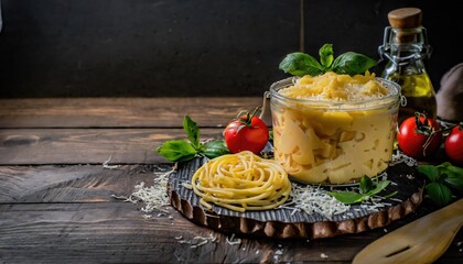 Copy Space image of Mac and cheese american macaroni pasta with cheesy Cheddar sauce with landscape...