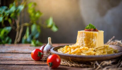 Copy Space image of Mac and cheese american macaroni pasta with cheesy Cheddar sauce with landscape...