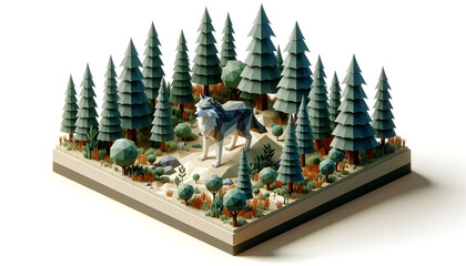 Wolf in a forest scene, isometric 3D perspective, ultra HD, low polygon style with rocks, plants...