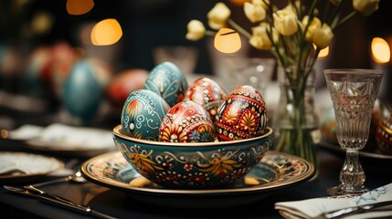 Festive Easter Table Setting Painted Egg, Background HD, Illustrations