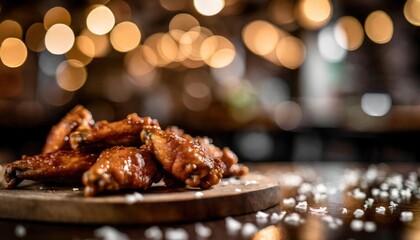 Copy Space image of Grilled chicken wings with sauces on a wooden board. Traditional baked bbq buffalo wing on bokeh background. - obrazy, fototapety, plakaty