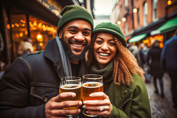 Happy couple toasting with beer on St. Patrick's Day - obrazy, fototapety, plakaty