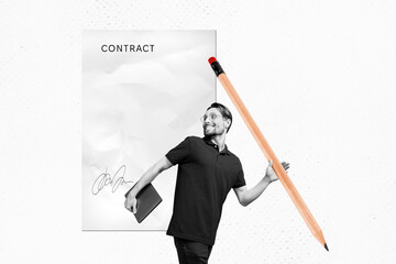 Horizontal photo collage of middle aged man hold giant pencil look at contract document signed deal...