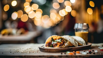 Mexican fiesta dinner, chicken tortillas stuffed with yellow, red and green sweet pepper with bokeh background. - obrazy, fototapety, plakaty