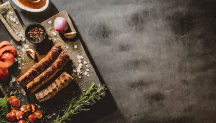 Obraz na płótnie Canvas BBQ Grilled rib eye steak, fried rib eye beef meat on a plate with green salad. Dark background.
