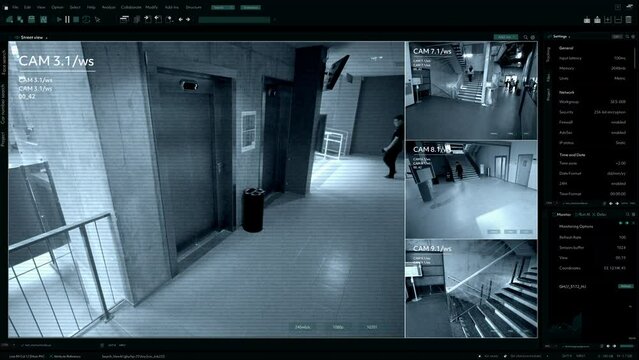 Surveillance Camera CCTV Video, Multiple Screens Show Inside Building, Unrecignizible People Walk. High-Tech Security and Data Protection Mock-up. Screen Replacement Template for Computer Displays