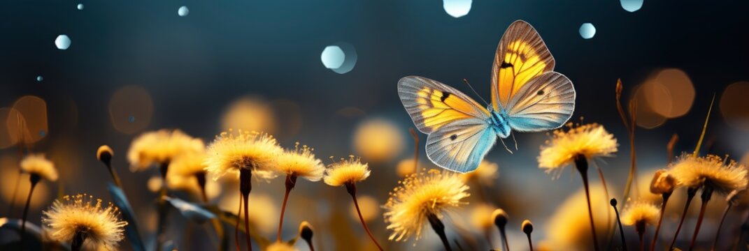 Fototapeta Butterflies On Yellow Dandelion Flowers Close , Banner Image For Website, Background, Desktop Wallpaper