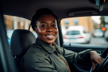 Elegant woman driver looking at backseat, smiling happy, Businesswoman talking to person in her car, driving at work.