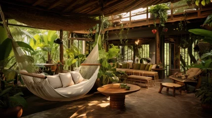 Fotobehang Recreation area of an eco hotel with hammocks and lots of green plants, creating serene and relaxing ambiance © Anzhela