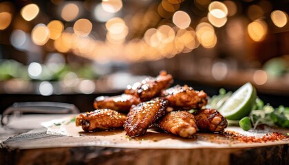 Copy Space image of Grilled chicken wings with sauces on a wooden board. Traditional baked bbq buffalo wing on bokeh background.