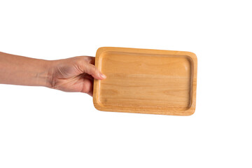 Wooden plate in hand on transparent background.