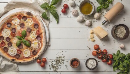 Copy Space image of Delicious pizza margarita with mozzarella on dark wooden