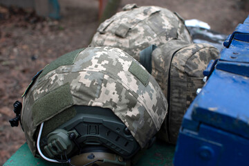 view of a helmet of a ukrainian soldier	