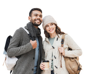 Beautiful happy couple winter portrait isolated transparent PNG. Young joyful smiling woman and...