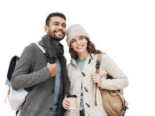 Beautiful happy couple winter portrait isolated transparent PNG. Young joyful smiling woman and man. Love, travel, tourism, students lifestyle concept