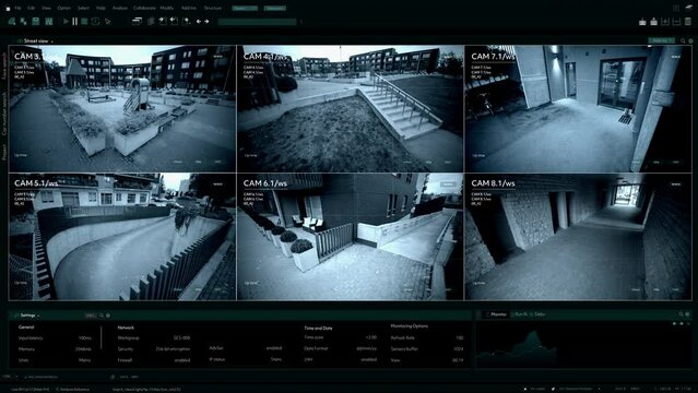Surveillance CCTV Camera, Multiple Screens Show Secure Outside Residential Building Block with Crime Protected, Car driving into Garage. Security Screen Replacement Template for Computer Displays