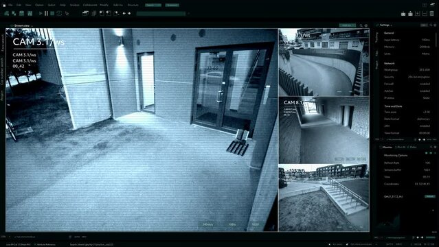 Surveillance CCTV Camera, Multiple Screens Show Secure Outside Residential Building Block with Crime Protected Safe Space. Security Screen Replacement Template for Computer Displays