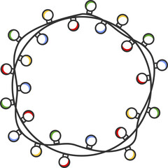 Round frame with colorful christmas lights. Decorative bulbs for party.  Colored holiday lights frame. For invitation, greeting card. PNG, transparent