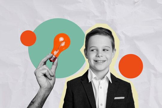 Collage image of black white effect positive clever boy look arm hold light bulb bright idea isolated on paper grey background