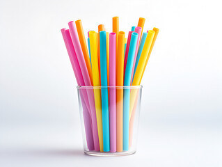 Fototapeta premium color straws in plastic cup on white background