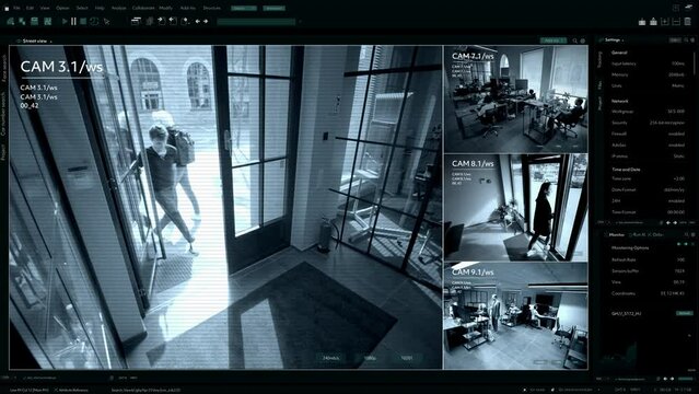 Surveillance Camera CCTV Video, Multiple Screens Show Peope working in the Office. High-Tech Security and Data Protection Mock-up. Screen Replacement Template for Computer Displays