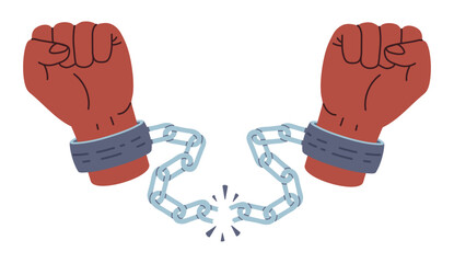 Hands in shackles breaking chains, vector illustration isolated on white