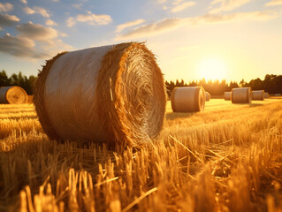 Shot of hay bales with sun descending behind - obrazy, fototapety, plakaty