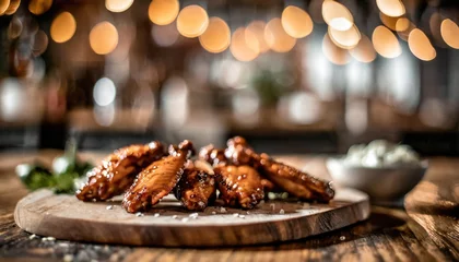 Foto op Plexiglas Copy Space image of Grilled chicken wings with sauces on a wooden board. Traditional baked bbq buffalo wing on bokeh background. © ImagineWorld